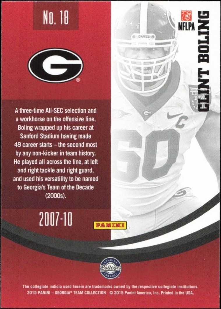 2015 Panini Georgia Bulldogs Clint Boling #18 football trading card back