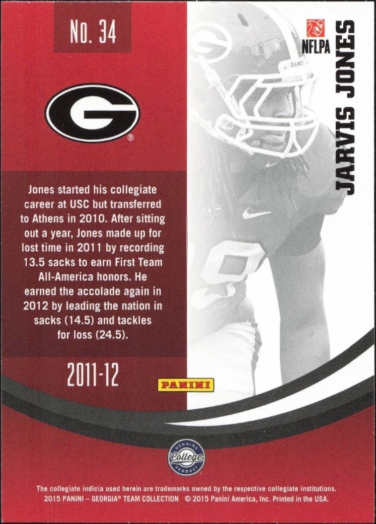 2015 Panini Georgia Bulldogs Jarvis Jones #34 football trading card back