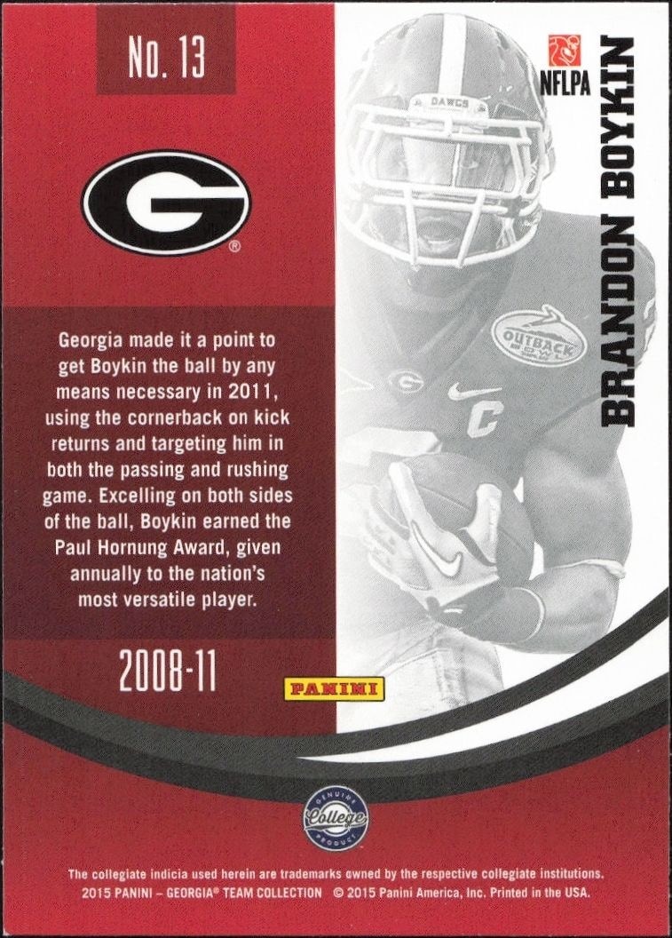 2015 Panini Georgia Bulldogs Brandon Boykin #13 football trading card back