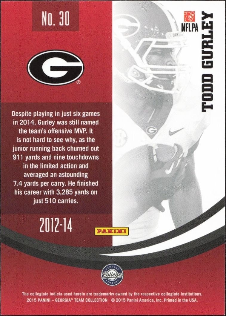 2015 Panini Georgia Bulldogs Todd Gurley #30 football trading card back