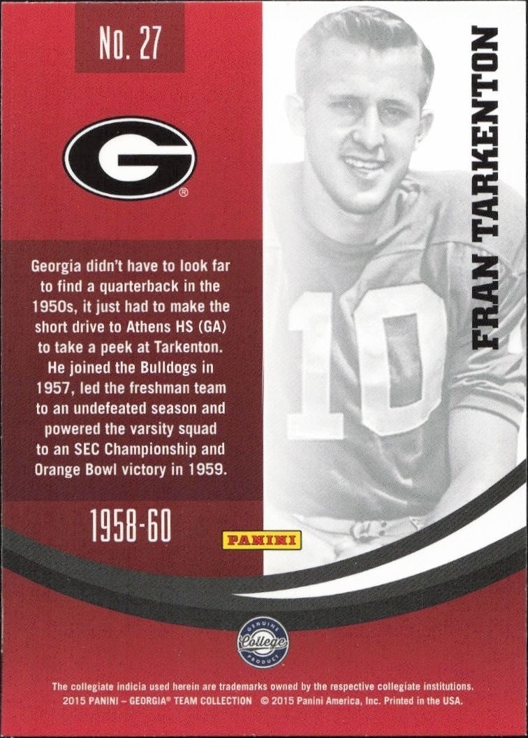 2015 Panini Georgia Bulldogs Fran Tarkenton #27 football trading card back