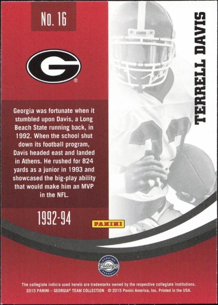 2015 Panini Georgia Bulldogs Terrell Davis #16 football trading card back