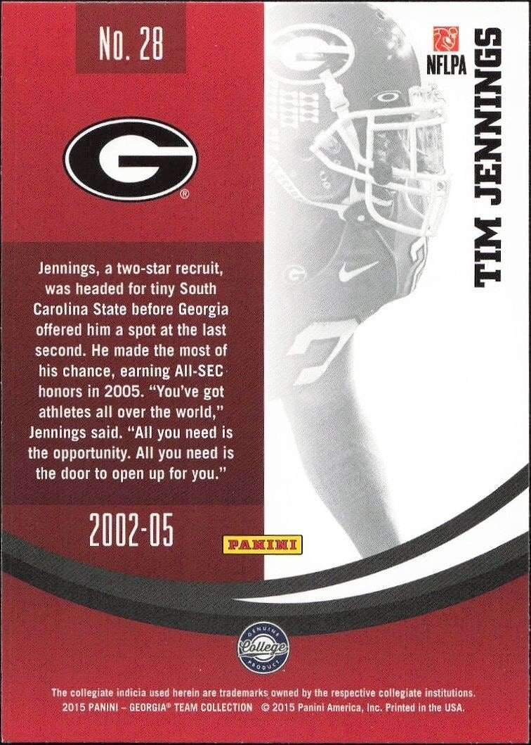 2015 Panini Georgia Bulldogs Tim Jennings #28 football trading card back