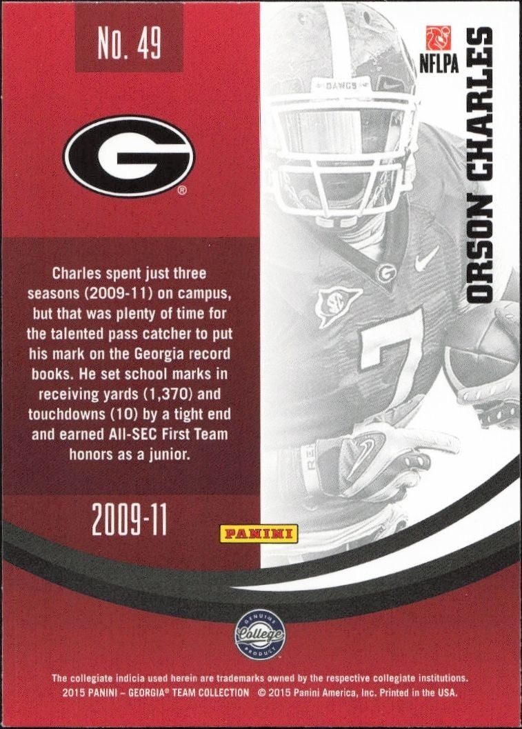 2015 Panini Georgia Bulldogs Orson Charles #49 football trading card back