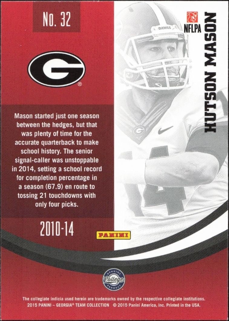 2015 Panini Georgia Bulldogs Hutson Mason #32 football trading card back