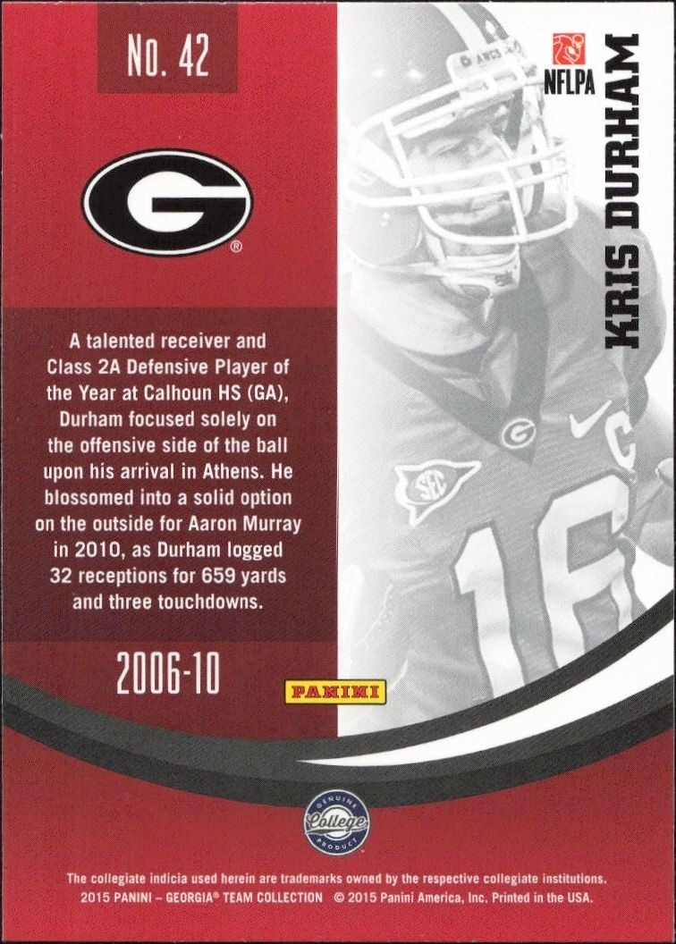 2015 Panini Georgia Bulldogs Kris Durham #42 football trading card back