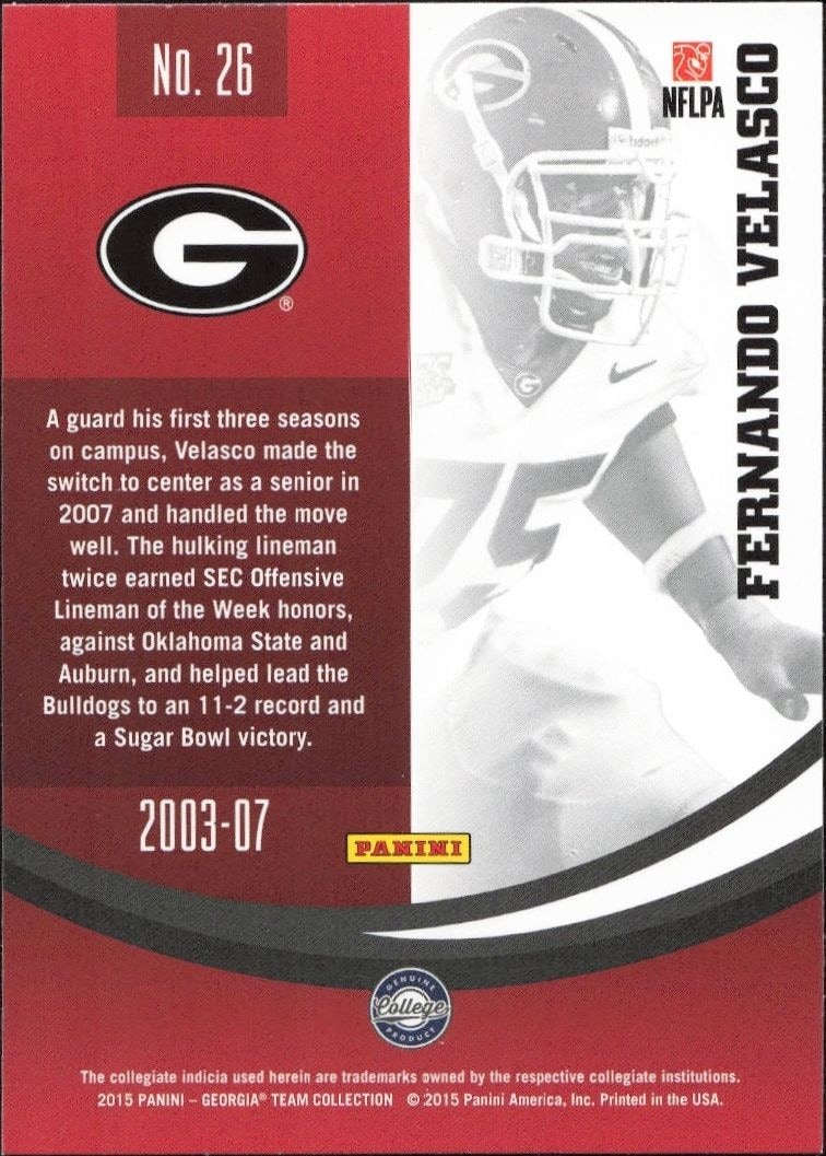 2015 Panini Georgia Bulldogs Fernando Velasco #26 football trading card back