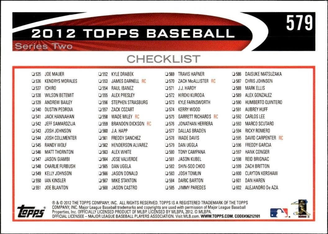 2012 Topps Dan Uggla #579 baseball trading card back