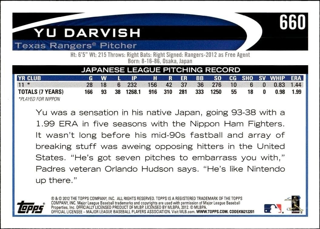 2012 Topps Yu Darvish #660 baseball trading card back