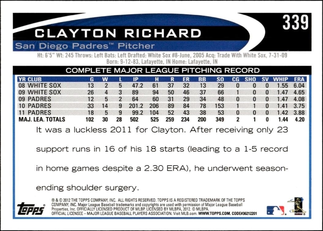 2012 Topps Clayton Richard #339 baseball trading card back