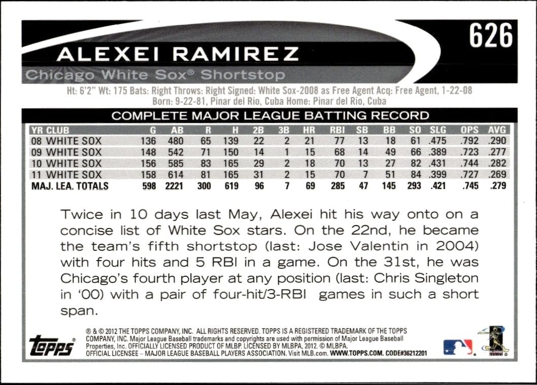 2012 Topps Alexei Ramirez #626 baseball trading card back