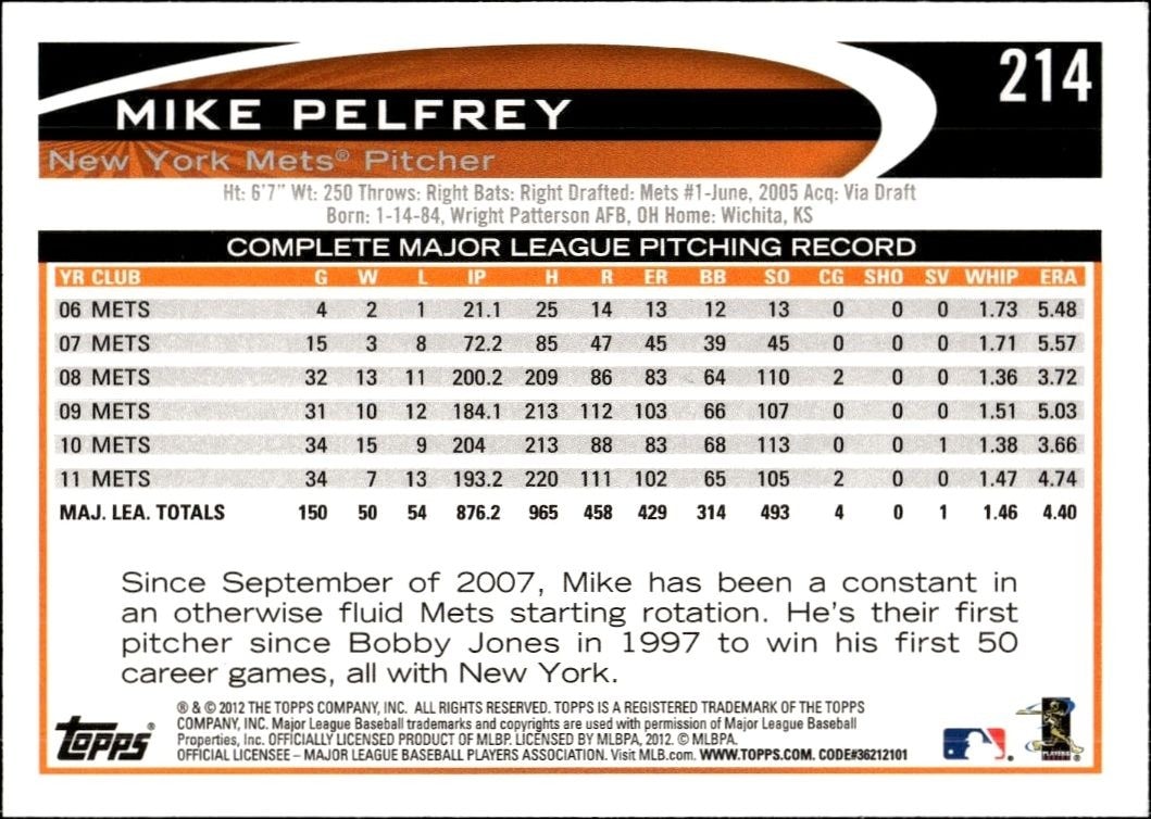 2012 Topps Mike Pelfrey #214 baseball trading card back