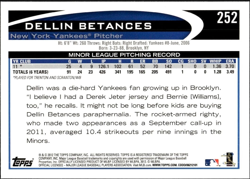 2012 Topps Dellin Betances #252 baseball trading card back