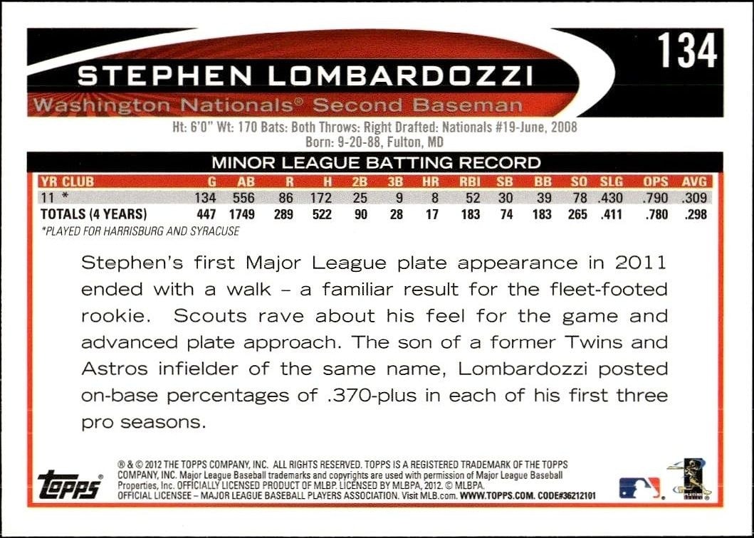 2012 Topps Steve Lombardozzi #134 baseball trading card back
