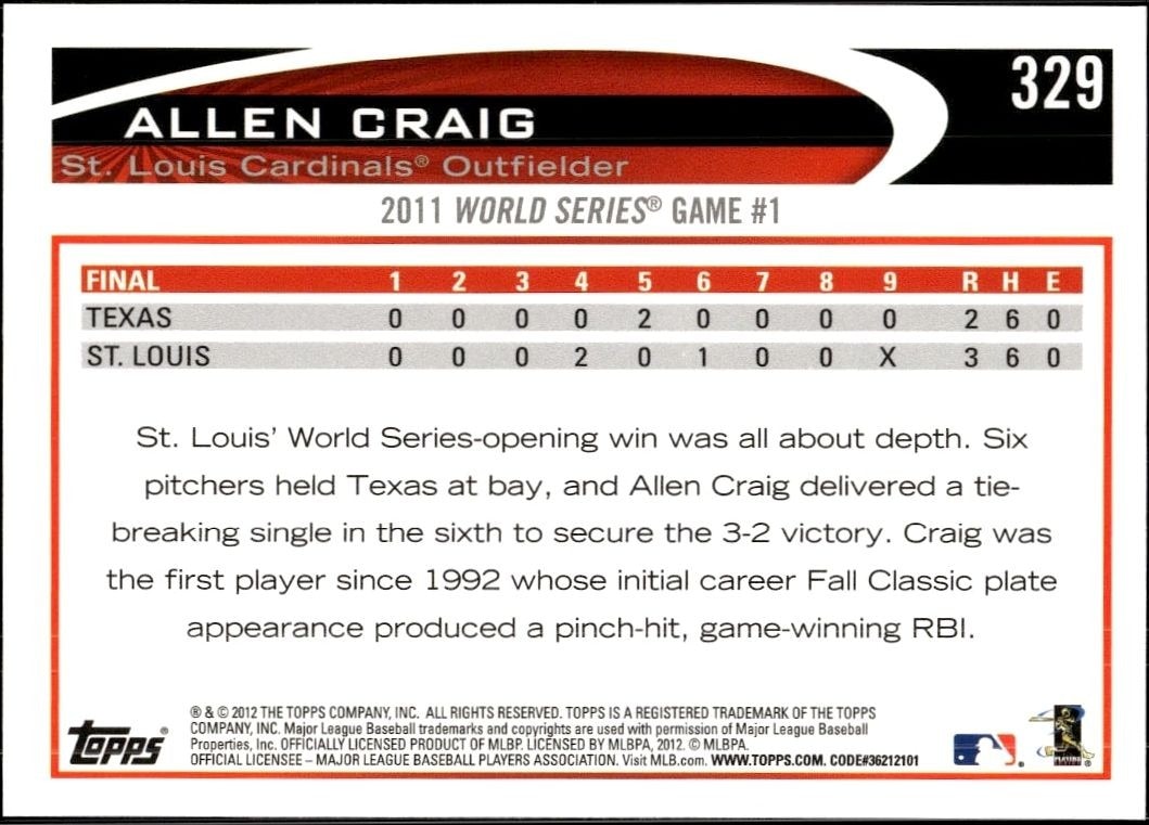 2012 Topps Allen Craig #329 baseball trading card back