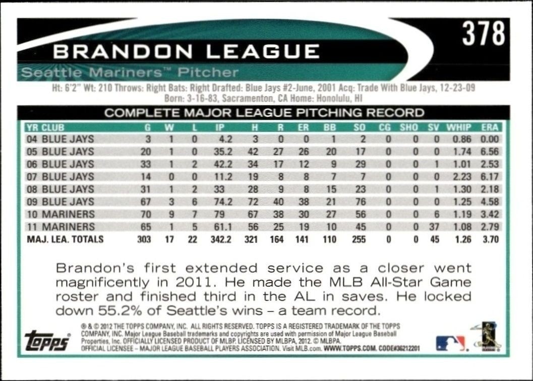 2012 Topps Brandon League #378 baseball trading card back
