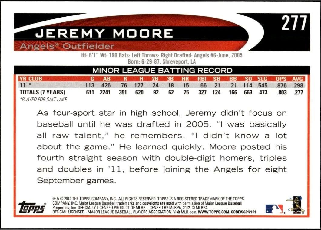 2012 Topps Jeremy Moore #277 baseball trading card back