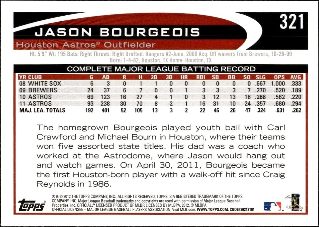 2012 Topps Jason Bourgeois #321 baseball trading card back