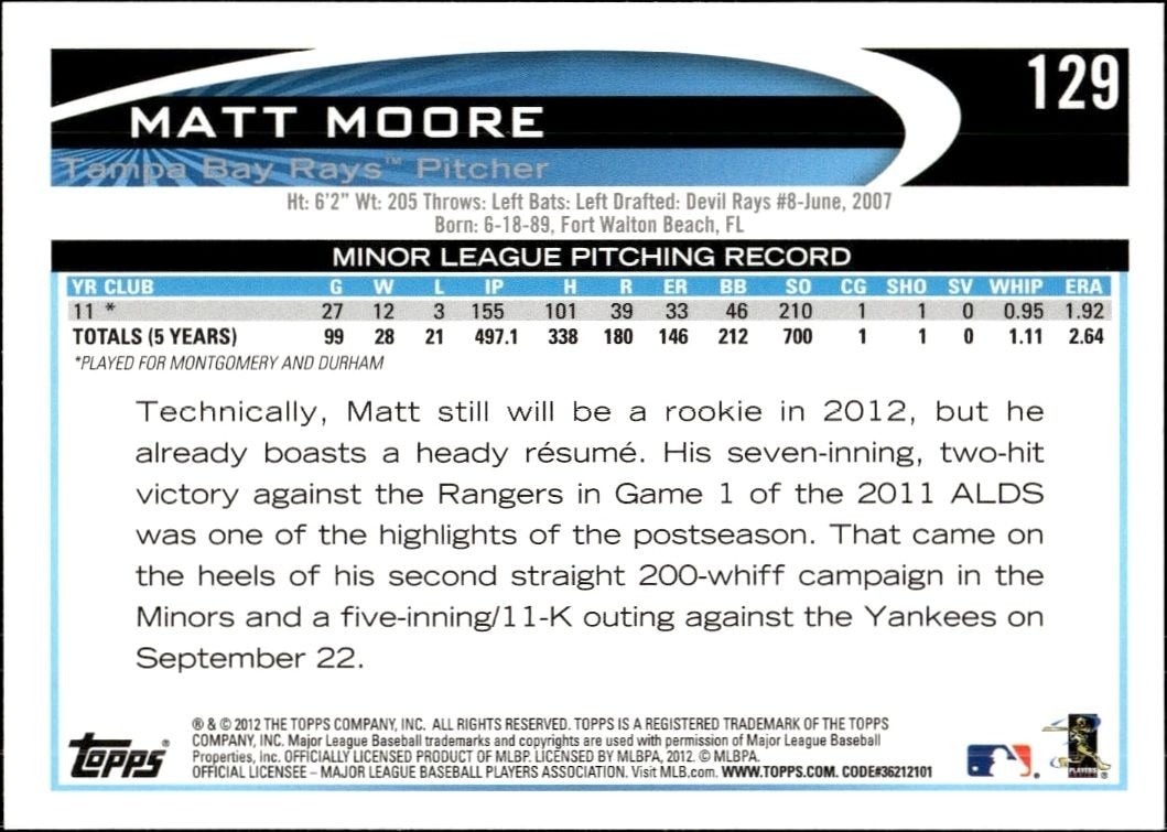 2012 Topps Matt Moore #129 baseball trading card back