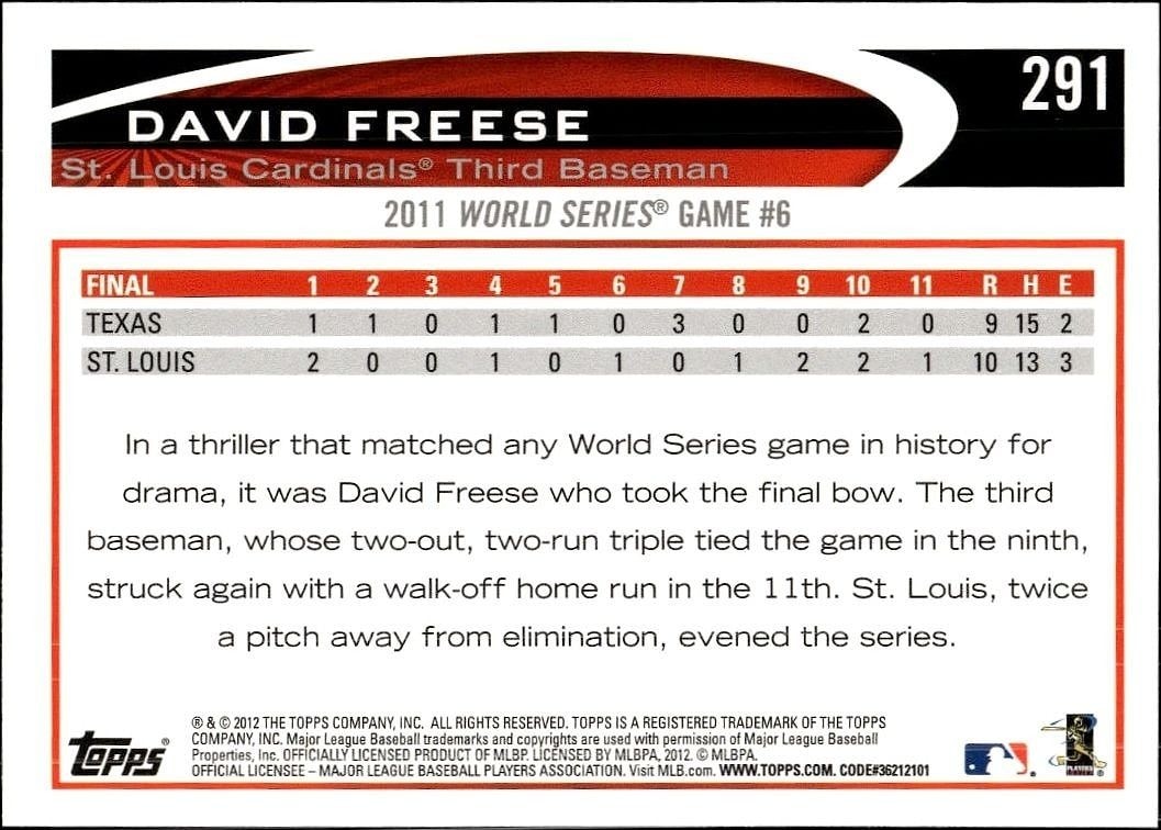 2012 Topps David Freese #291 baseball trading card back