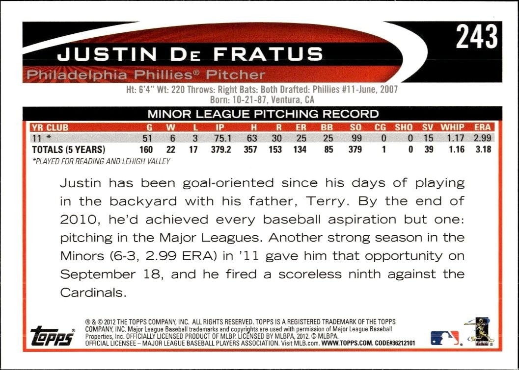 2012 Topps Justin De Fratus #243 baseball trading card back