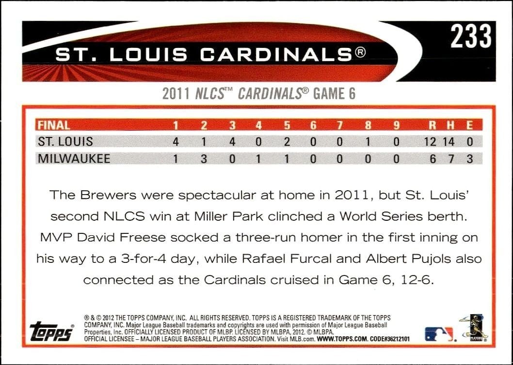 2012 Topps St. Louis Cardinals #233 baseball trading card back