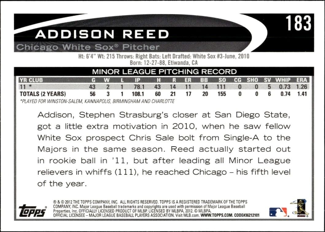 2012 Topps Addison Reed #183 baseball trading card back