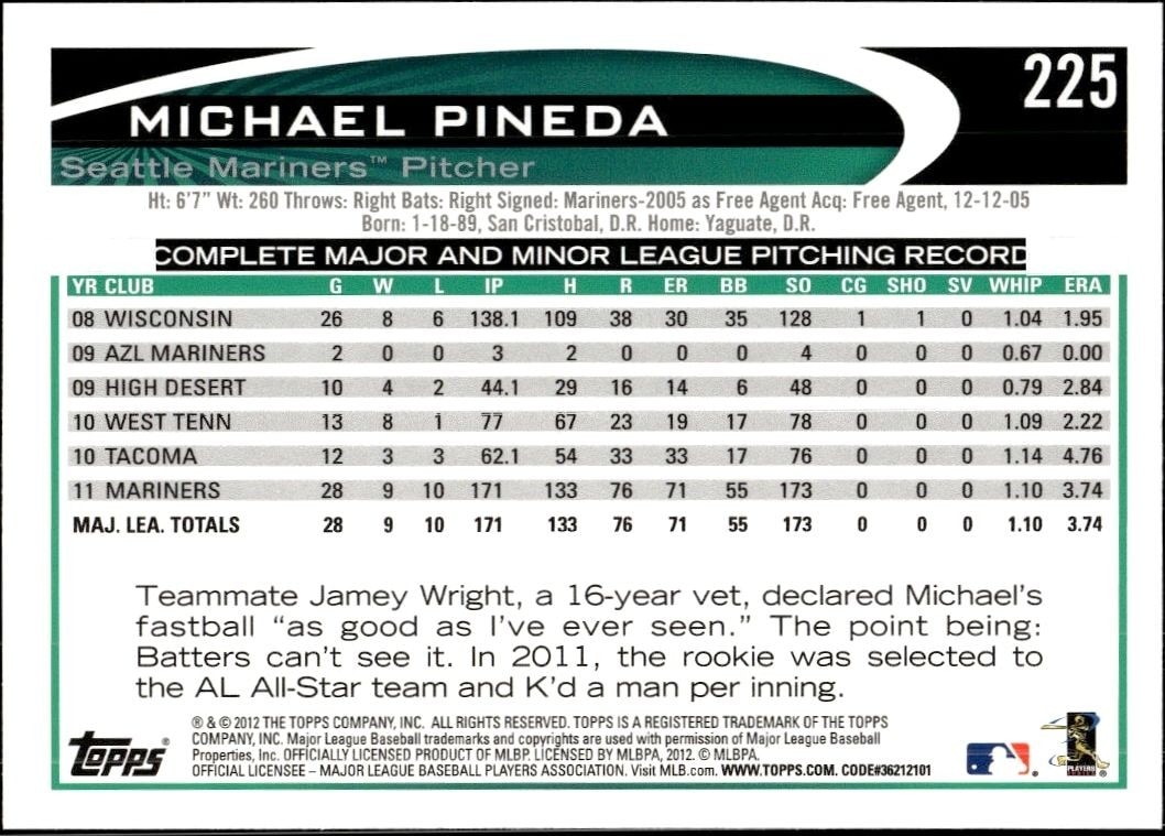 2012 Topps Michael Pineda #225 baseball trading card back