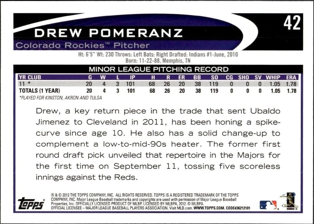 2012 Topps Drew Pomeranz #42 baseball trading card back