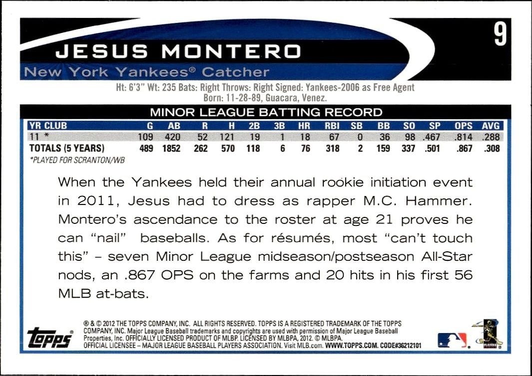 2012 Topps Jesus Montero #9 baseball trading card back