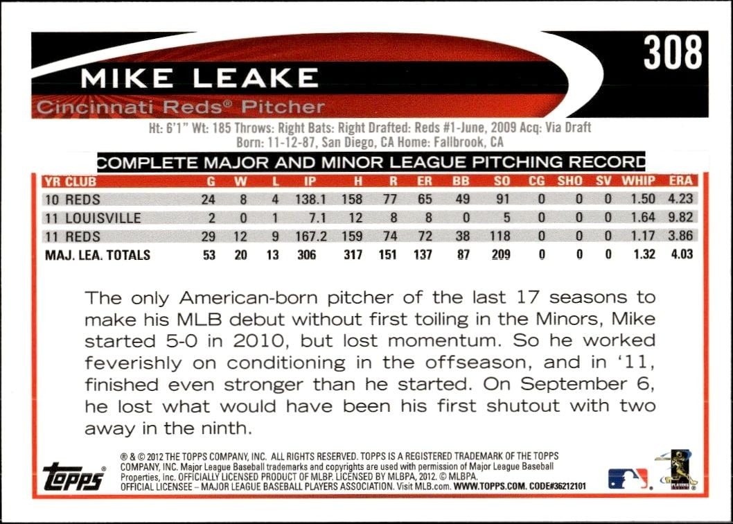 2012 Topps Mike Leake #308 baseball trading card back