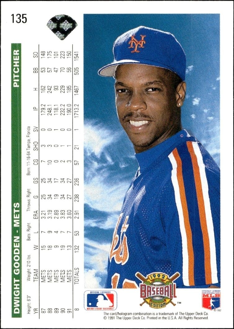 1992 Upper Deck Dwight Gooden #135 baseball trading card back
