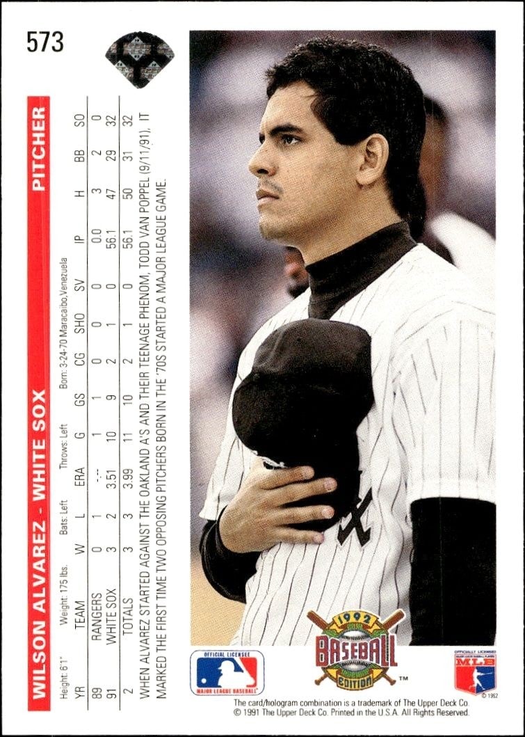 1992 Upper Deck Wilson Alvarez #573 baseball trading card back