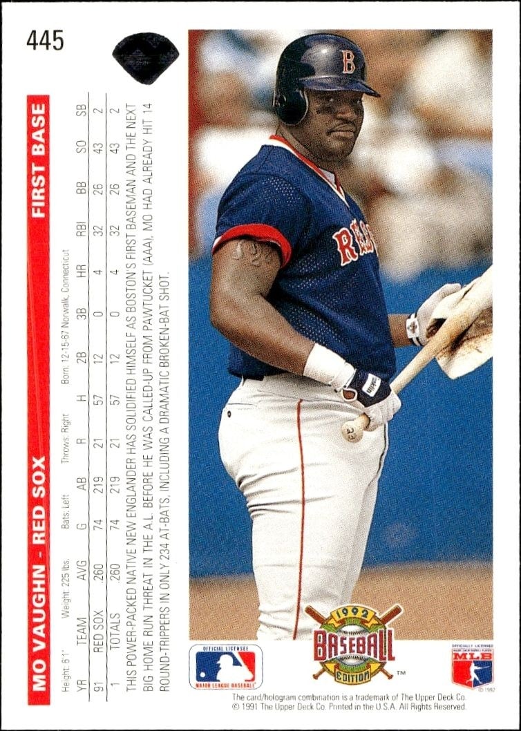 1992 Upper Deck Mo Vaughn #445 baseball trading card back