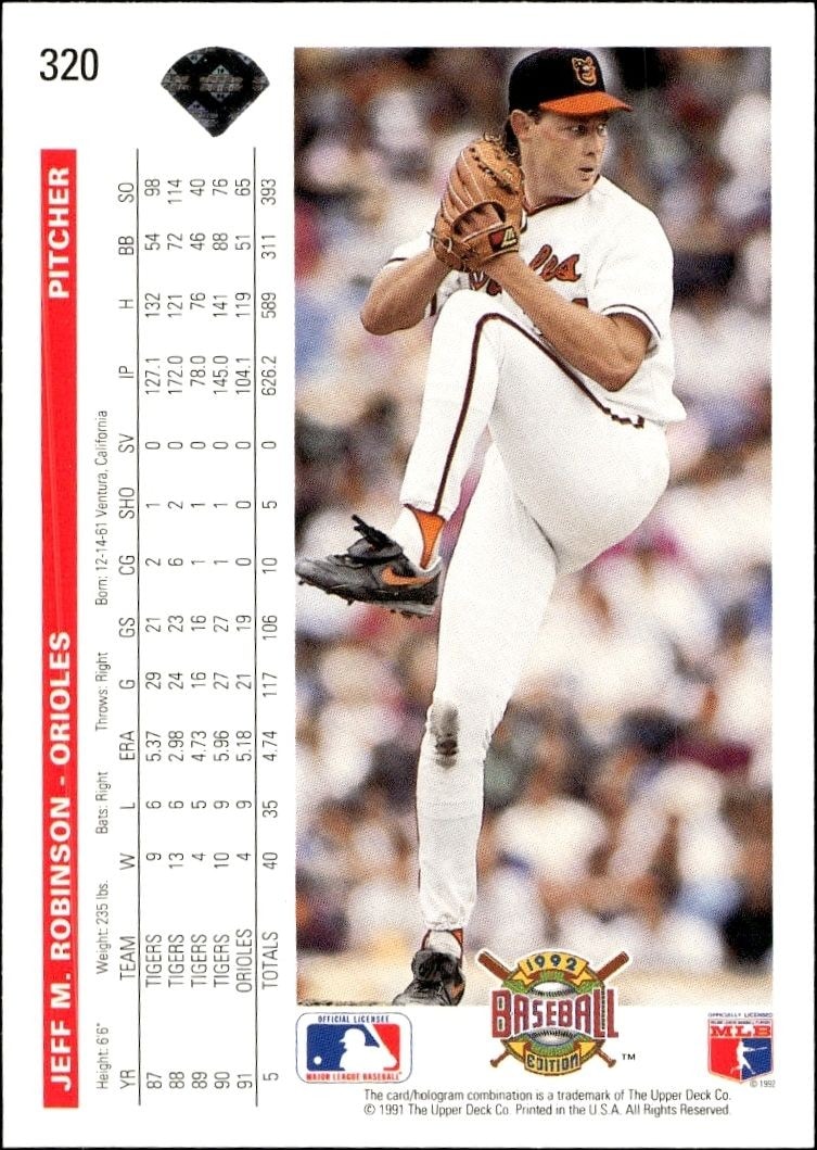 1992 Upper Deck Jeff M. Robinson #320 baseball trading card back