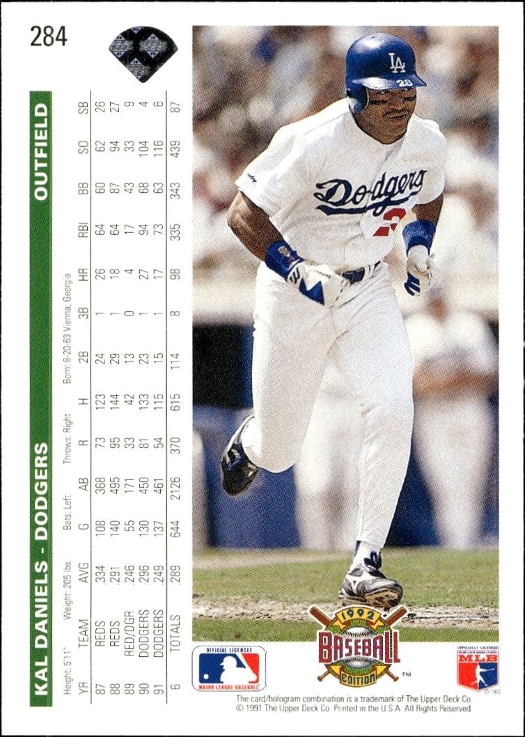 1992 Upper Deck Kal Daniels #284 baseball trading card back