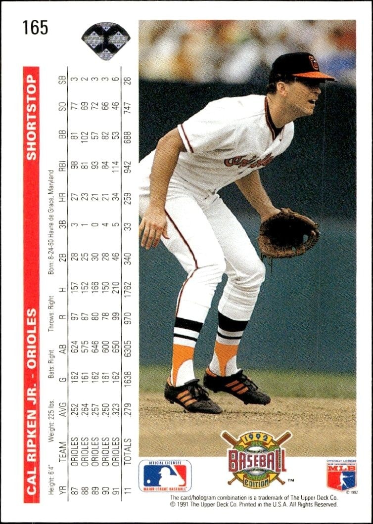 1992 Upper Deck Cal Ripken Jr. #165 baseball trading card back