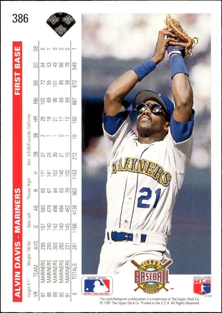 1992 Upper Deck Alvin Davis #386 baseball trading card back