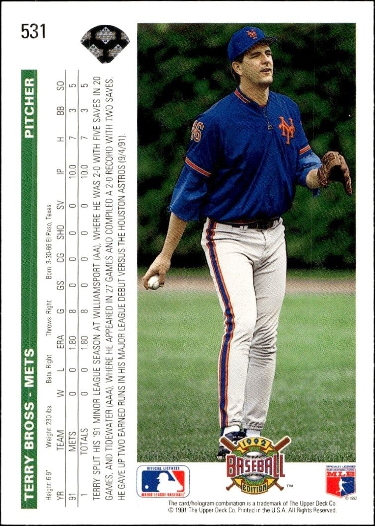 1992 Upper Deck Terry Bross #531 baseball trading card back