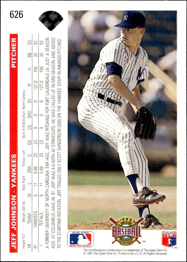 1992 Upper Deck Jeff Johnson #626 baseball trading card back