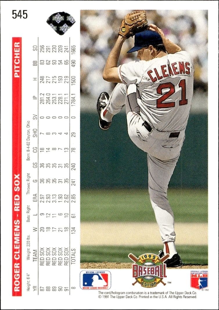 1992 Upper Deck Roger Clemens #545 baseball trading card back