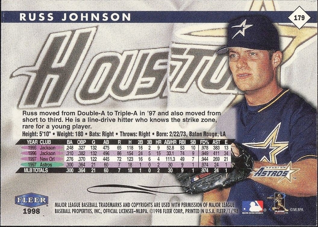 1998 Fleer Tradition Russ Johnson #179 baseball trading card back