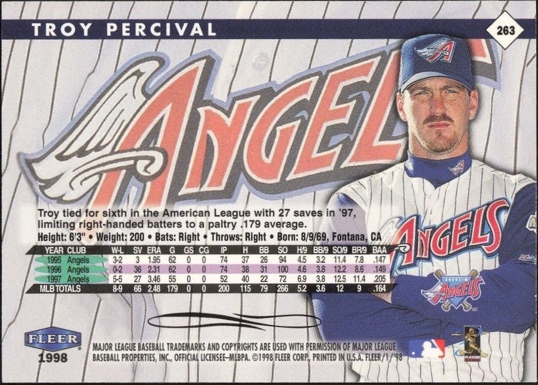 1998 Fleer Tradition Troy Percival #263 baseball trading card back