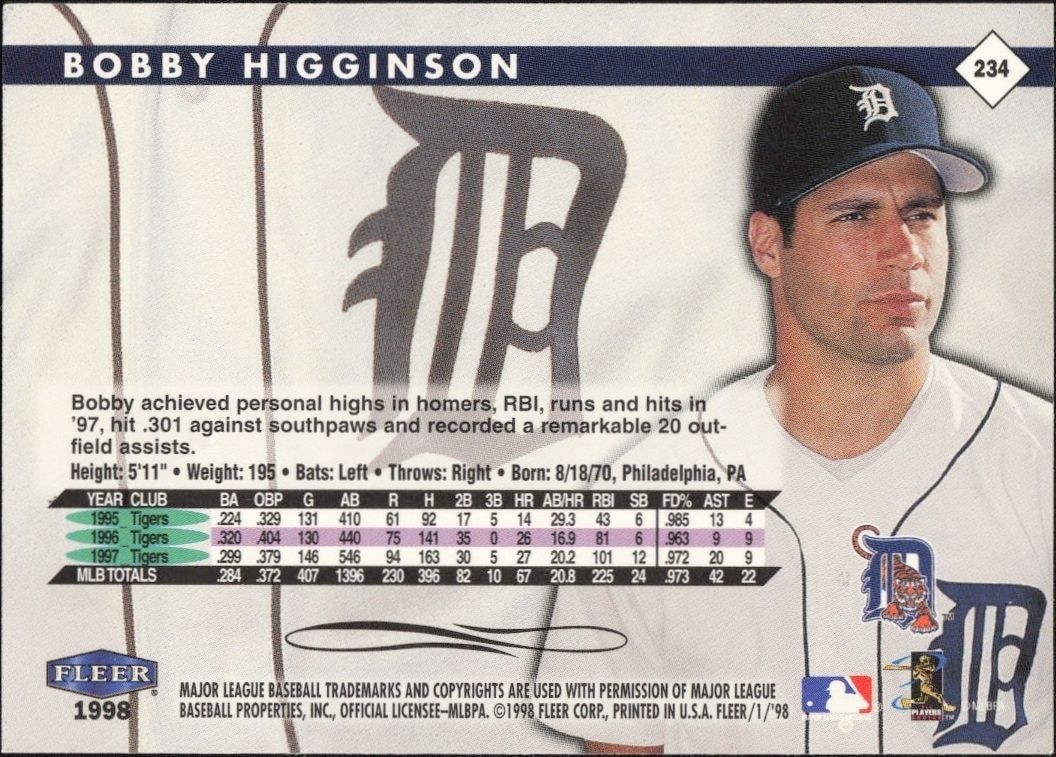 1998 Fleer Tradition Bobby Higginson #234 baseball trading card back