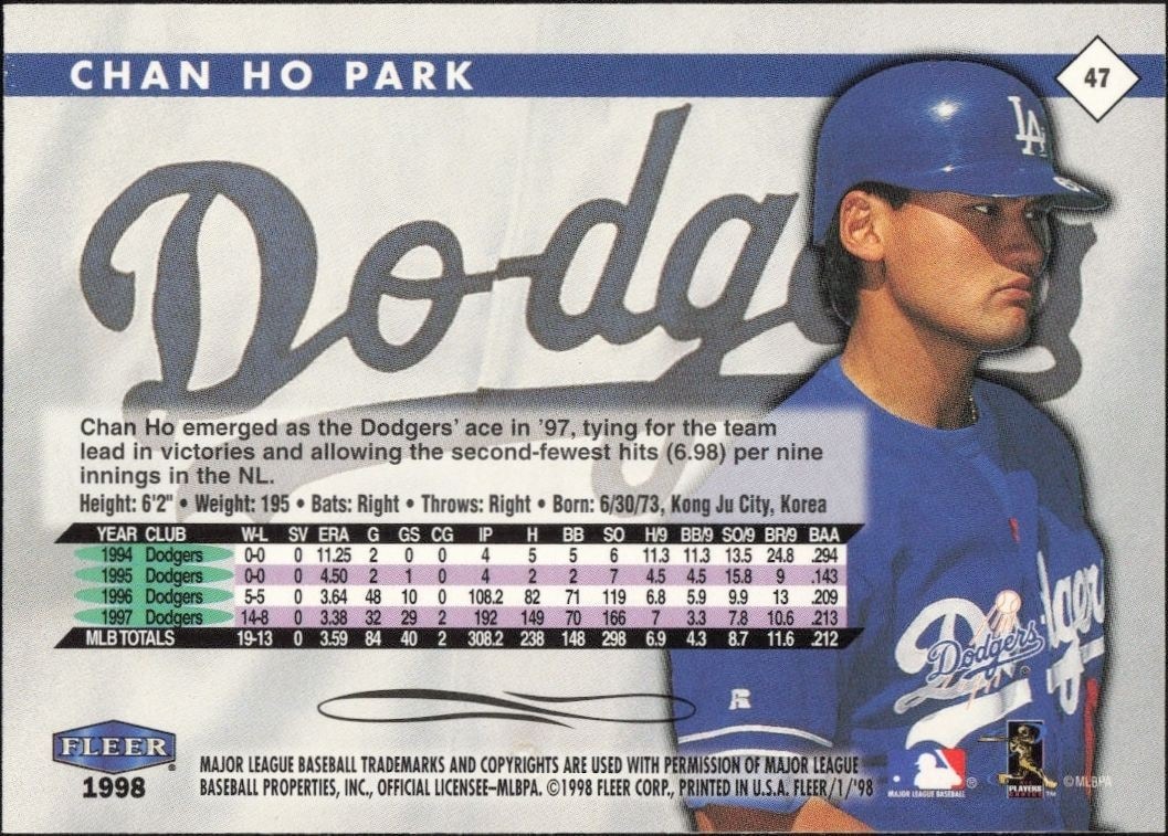 1998 Fleer Tradition Chan Ho Park #47 baseball trading card back