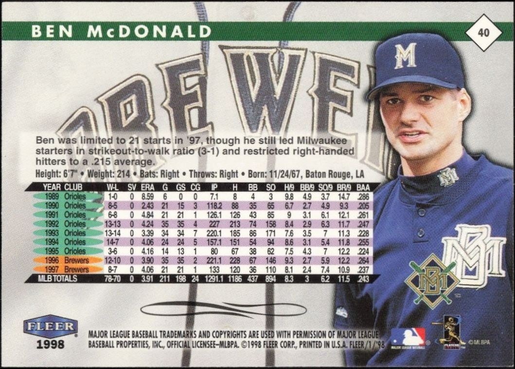 1998 Fleer Tradition Ben McDonald #40 baseball trading card back