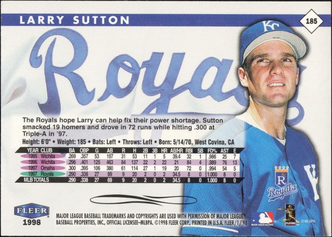 1998 Fleer Tradition Larry Sutton #185 baseball trading card back