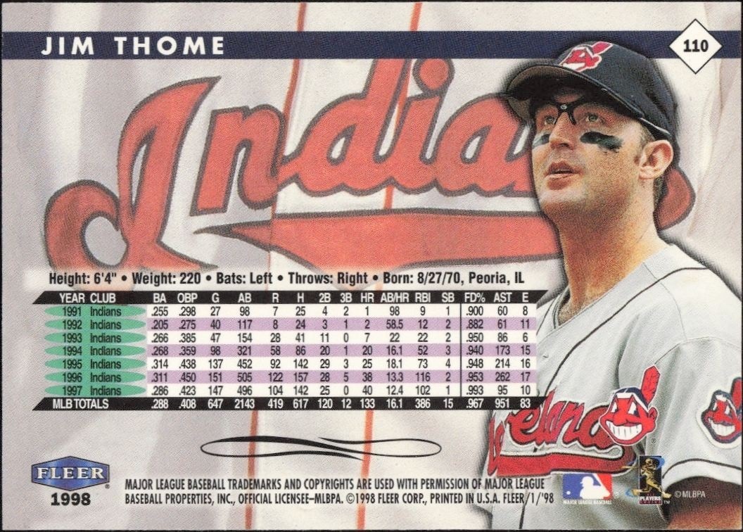 1998 Fleer Tradition Jim Thome #110 baseball trading card back