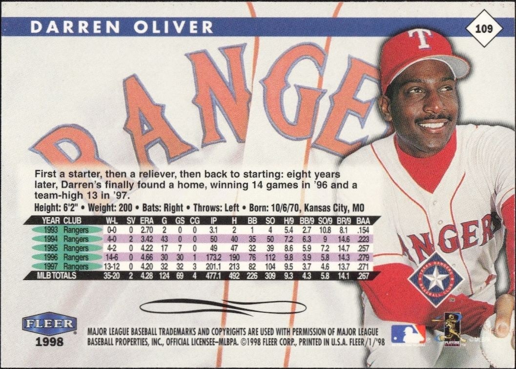 1998 Fleer Tradition Darren Oliver #109 baseball trading card back