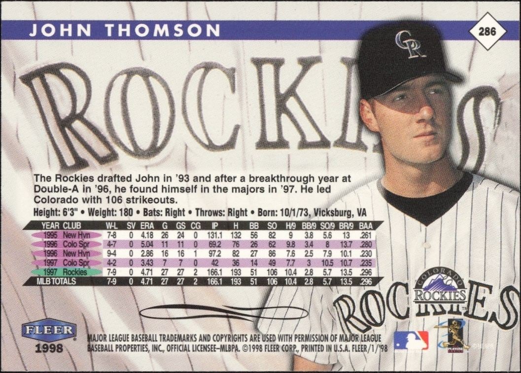 1998 Fleer Tradition John Thomson #286 baseball trading card back
